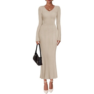 image:imageZESICA Womens 2026 Spring Sweater Dress Long Sleeve V Neck Ribbed Knit Party Cocktail Bodycon Maxi DressesSand