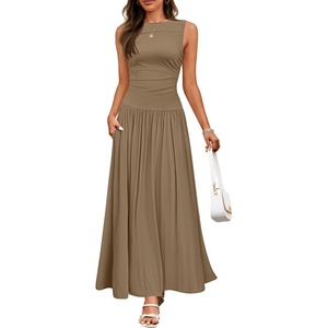 image:imageZESICA Womens 2026 Summer Sleeveless Pleated Maxi DressKhaki