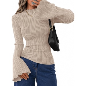 image:imageZESICA Womens Fall Bell Long Sleeve Knit Sweaters Scalloped Mock Neck TopsAlmond