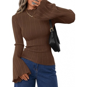 image:imageZESICA Womens Fall Bell Long Sleeve Knit Sweaters Scalloped Mock Neck TopsBrown
