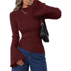 image:imageZESICA Womens Fall Bell Long Sleeve Knit Sweaters Scalloped Mock Neck TopsBurgundy