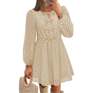 image:imageZESICA Womens Fall Cute Hollow Out Long Sleeve Mini DressesApricot
