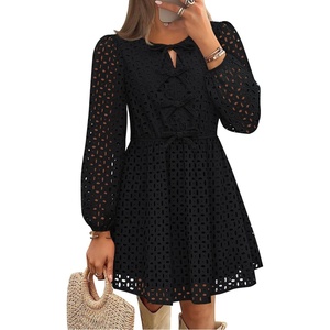 image:imageZESICA Womens Fall Cute Hollow Out Long Sleeve Mini DressesBlack