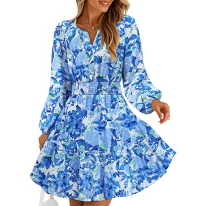 image:imageZESICA Womens Fall Floral Long Sleeve Wedding Guest Mini DressesBlue