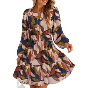 image:imageZESICA Womens Fall Floral Long Sleeve Wedding Guest Mini DressesBrown