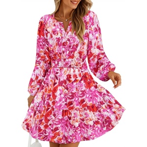 image:imageZESICA Womens Fall Floral Long Sleeve Wedding Guest Mini DressesRed
