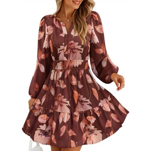 image:imageZESICA Womens Fall Floral Long Sleeve Wedding Guest Mini DressesRose Brown