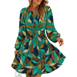 image:imageZESICA Womens Fall Floral Long Sleeve Wedding Guest Mini DressesTurquoise
