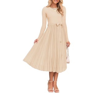 image:imageZESICA Womens Fall Long Sleeve Pleated Knit Sweater DressApricot