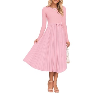 image:imageZESICA Womens Fall Long Sleeve Pleated Knit Sweater DressLight Pink