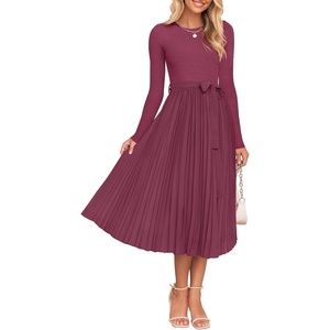 image:imageZESICA Womens Fall Long Sleeve Pleated Knit Sweater DressPurple Red