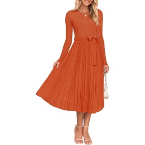 image:imageZESICA Womens Fall Long Sleeve Pleated Knit Sweater DressRust