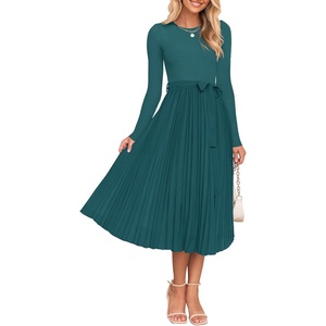 image:imageZESICA Womens Fall Long Sleeve Pleated Knit Sweater DressTeal