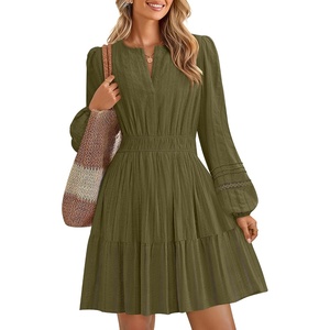 image:imageZESICA Womens Fall Long Sleeve V Neck Flowy Mini DressesArmygreen