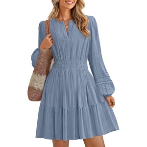 image:imageZESICA Womens Fall Long Sleeve V Neck Flowy Mini DressesDustyblue