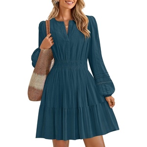 image:imageZESICA Womens Fall Long Sleeve V Neck Flowy Mini DressesLakeblue