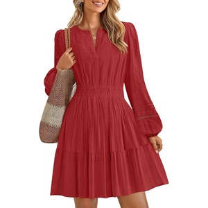 image:imageZESICA Womens Fall Long Sleeve V Neck Flowy Mini DressesRed