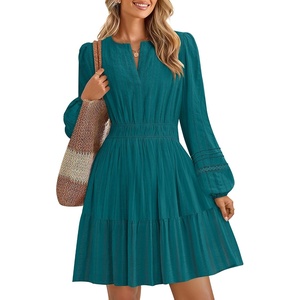 image:imageZESICA Womens Fall Long Sleeve V Neck Flowy Mini DressesTeal