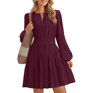 image:imageZESICA Womens Fall Long Sleeve V Neck Flowy Mini DressesWine