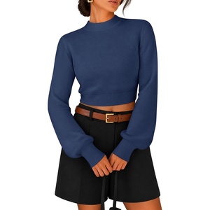 image:imageZESICA Womens Fall Mock Neck Cropped Sweaters Long Sleeve Pullover TopsNavy