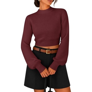 image:imageZESICA Womens Fall Mock Neck Cropped Sweaters Long Sleeve Pullover TopsWine