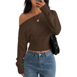 image:imageZESICA Womens Fall Off Shoulder Cinched Waist Cropped Sweaters TrendyBrown