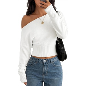 image:imageZESICA Womens Fall Off Shoulder Cinched Waist Cropped Sweaters TrendyWhite