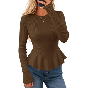 image:imageZESICA Womens Fall Ruffle Peplum Sweaters Cropped Pullover TopsBrown