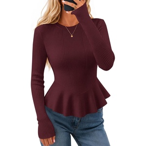 image:imageZESICA Womens Fall Ruffle Peplum Sweaters Cropped Pullover TopsBurgundy