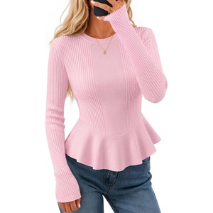 image:imageZESICA Womens Fall Ruffle Peplum Sweaters Cropped Pullover TopsPink