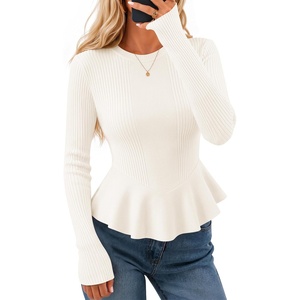 image:imageZESICA Womens Fall Ruffle Peplum Sweaters Cropped Pullover TopsWhite