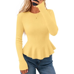 image:imageZESICA Womens Fall Ruffle Peplum Sweaters Cropped Pullover TopsYellow