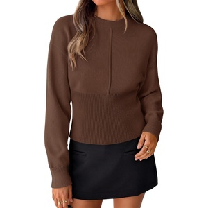 image:imageZESICA Womens Fall Sweaters Crewneck Cinched Waist Pullover TopsBrown
