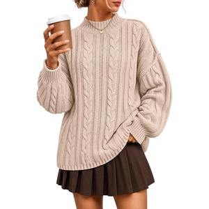 image:imageZESICA Womens Fall Sweaters Oversized Mock Neck Cable Knit OutfitsApricot