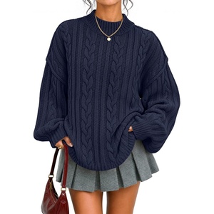 image:imageZESICA Womens Fall Sweaters Oversized Mock Neck Cable Knit OutfitsNavy