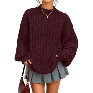 image:imageZESICA Womens Fall Sweaters Oversized Mock Neck Cable Knit OutfitsWine