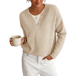 image:imageZESICA Womens Fall Winter Henley Neck Oversized Sweater TopsApricot