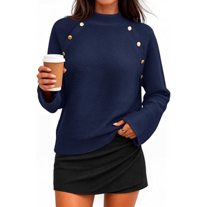 image:imageZESICA Womens Fall Winter Mock Neck Metal Button Pullover SweatersNavy