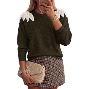 image:imageZESICA Womens Fall Wniter Cozy Sweaters Pearls Lace Trim Pullover TopsArmygreen