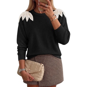 image:imageZESICA Womens Fall Wniter Cozy Sweaters Pearls Lace Trim Pullover TopsBlack