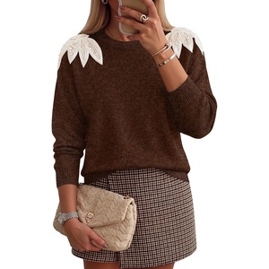 image:imageZESICA Womens Fall Wniter Cozy Sweaters Pearls Lace Trim Pullover TopsCaramel