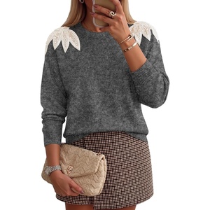 image:imageZESICA Womens Fall Wniter Cozy Sweaters Pearls Lace Trim Pullover TopsGrey