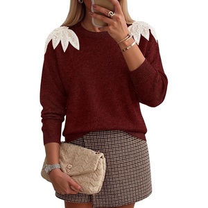 image:imageZESICA Womens Fall Wniter Cozy Sweaters Pearls Lace Trim Pullover TopsWine
