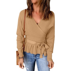 image:imageZESICA Womens Fall Wrap V Neck Belted Ruffle Sweater TopCamel