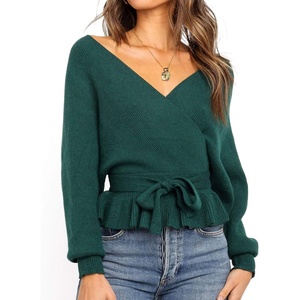 image:imageZESICA Womens Fall Wrap V Neck Belted Ruffle Sweater TopGreen