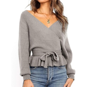 image:imageZESICA Womens Fall Wrap V Neck Belted Ruffle Sweater TopGrey