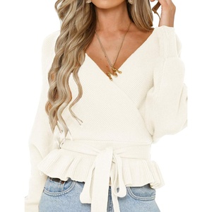 image:imageZESICA Womens Fall Wrap V Neck Belted Ruffle Sweater TopIvory