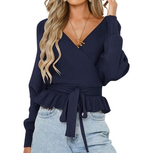 image:imageZESICA Womens Fall Wrap V Neck Belted Ruffle Sweater TopNavy