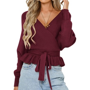 image:imageZESICA Womens Fall Wrap V Neck Belted Ruffle Sweater TopWine