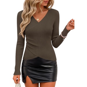image:imageZESICA Womens Fall Wrap V Neck Ruched Sweaters Long Sleeve Ribbed Tops 2026Brown